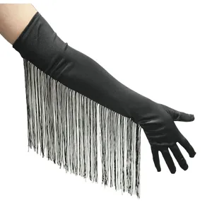 Schwarze lange Fransen Handschuhe Damen Bühnenshow sexy Kleid Zubehör Detailansicht