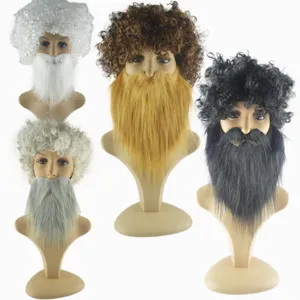 Parrucca riccia da uomo con set di barba abbinato per costume da festa e cosplay divertente.