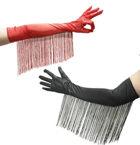 Lange Satin-Fransen-Handschuhe für Damen, stilvolle rote und schwarze Bühnen-Accessoires.