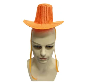 Leuchtende orange Netz Mini Cowboy Hut Zylinder Party Kostuem Verkleidung Haarschmuck Mode.