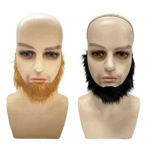 Close-up detail shot of two party fake beards in black and blonde colors for dress up.