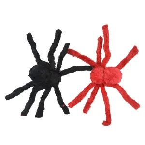 Halloween plush spider toys, scary black and red stuffed spider holiday party props.