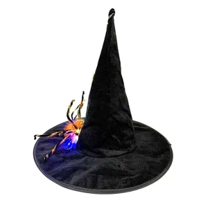 Black Halloween witch hat with glowing spider detail, perfect for holiday party dress up.