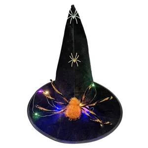 Halloween LED lighted witch hat with spider black costume party headwear festive decor