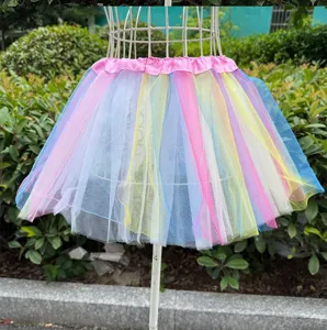 Detail shot of colorful rainbow tutu skirt, multi-layer tulle with pink elastic waistband.