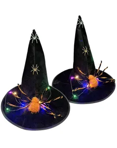 Halloween black witch hat with glowing spider LED lights for holiday party costume dress up.