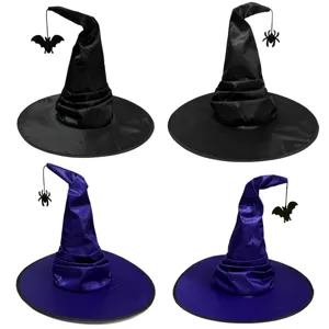 Chapeau de Sorcière Gothique Ridé d'Halloween Avec Pendentif Chauve-souris Araignée pour Femme Déguisement de Magicien