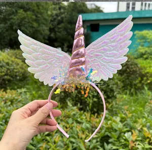 Children unicorn headband with iridescent wings pink horn for birthday party and cosplay gifts