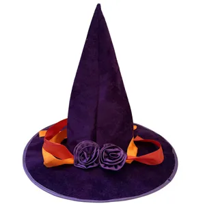 Halloween paarse heksenhoed met linten en stoffen rozen voor verkleedpartij en feest