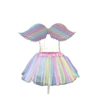 Colorful rainbow unicorn angel wings and tutu skirt set, perfect for girls birthday party.