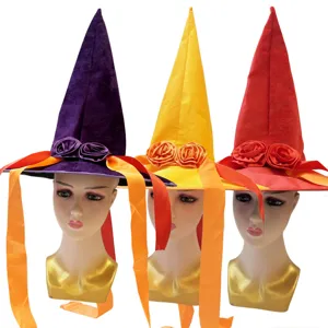 Halloween Heksenhoed Masquerade Lint Tovenaar Hoed Bloem Veer Decoratie Heksenmuts Magie Feest Kostuum Accessoire Hoofddeksel