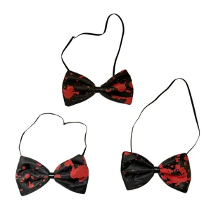 Halloween blood splatter bowtie, scary party costume accessory, black and red festival neckwear.