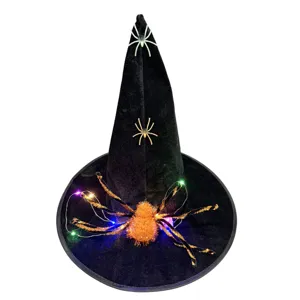 Halloween black witch hat with light up spiders and colorful LED lights for party costume decor