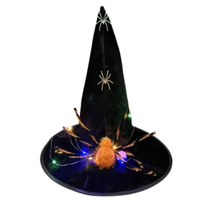 Halloween witch hat with glowing spider and LED lights, black party costume headpiece.
