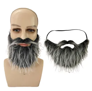 Vista dettagliata della finta barba grigio-nera con fascia elastica per la festa.
