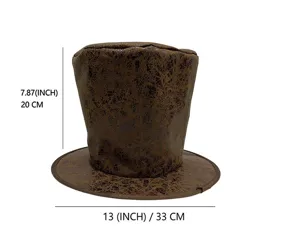 Retro cappello alto marrone cilindro mago jazz pelle sintetica costume festa dimensioni.