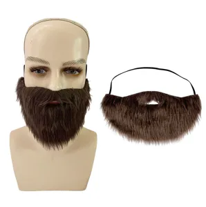 Dettaglio della finta barba marrone con una consistenza morbida e un cinturino elastico.
