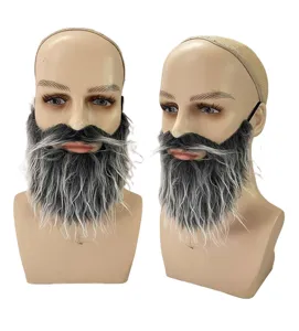 Primo piano sui dettagli della finta barba da festa grigia e nera con texture sottile.