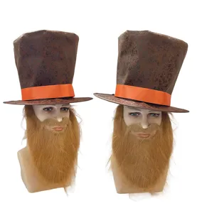 Cappello a cilindro marrone rétro con nastro arancione e finta barba per feste e spettacoli.