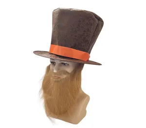 Cappello a cilindro marrone vintage con nastro arancione e finta barba per feste.