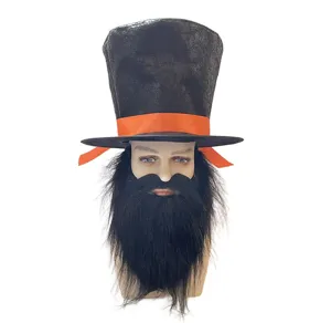 Cappello a cilindro nero con nastro arancione e barba accessorio costume per festa spettacolo.