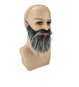 Set di finta barba e baffi grigio nero per costume di Halloween, vista dettagliata.