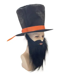Primo piano di un cappello a cilindro nero con nastro arancione e finta barba per feste.