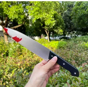 Halloween plastic bloody dagger prop, realistic cosplay toy knife for party costume decor.