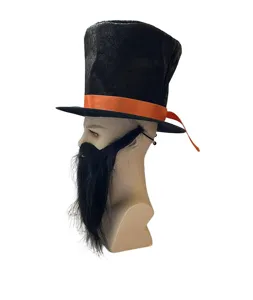 Cilindro nero con nastro arancione e finta barba per feste e spettacoli in maschera.