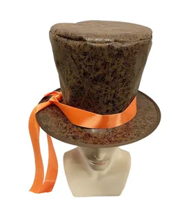 Chapeau haut de forme vintage marron avec ruban orange, accessoire de costume idéal.