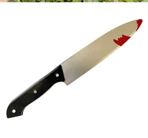 Halloween plastic bloody toy knife prop, realistic fake dagger for cosplay party decoration.