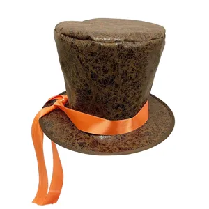 Chapeau haut de forme vintage en similicuir marron détail ruban orange pour fête.