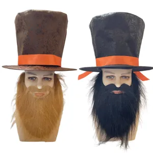 Cilindro Vintage in Camoscio da Mago Cappello da Gentiluomo Con Set di Barba Finta Grande per Puntelli Cosplay di Festa in Costume di Halloween
