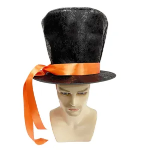 Chapeau haut de forme noir avec ruban en satin orange vif, parfait pour les fêtes et spectacles.