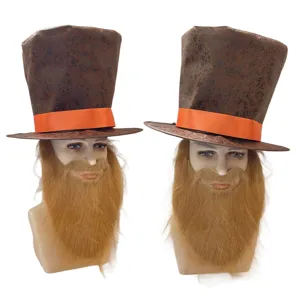 Cilindro marrone con nastro arancione e barba attaccata, ideale per feste in maschera e cosplay.