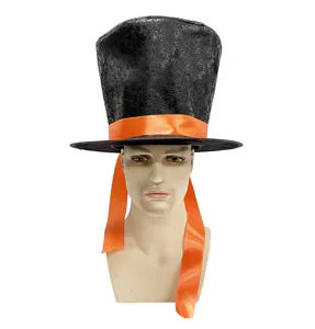 Chapeau haut de forme noir classique avec ruban orange, idéal pour spectacles et fêtes.