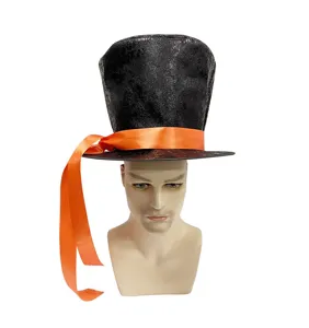 Chapeau haut de forme noir avec ruban orange, coiffe de magicien gentleman pour fête rétro.