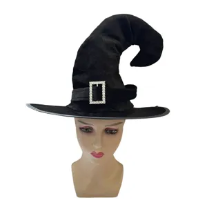 Chapeau de sorcière noir avec boucle en strass, idéal pour les fêtes d'Halloween.