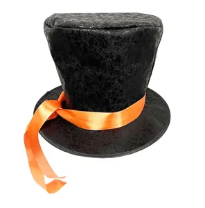 Chapeau haut de forme noir avec ruban orange pour costume de fete detail du chapeau