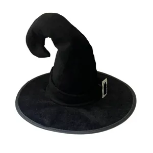 Chapeau de sorcière d'Halloween noir avec boucle strass pointe courbée coiffure de fête