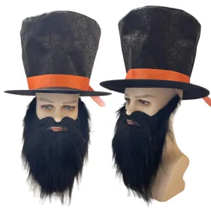 Nero cappello a cilindro Lincoln con nastro arancione e finta barba per feste