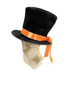 Chapeau haut de forme noir classique avec ruban orange, parfait pour les fêtes et spectacles.