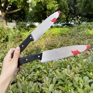 Halloween plastic bloody dagger prop set, fake weapon toy for cosplay and party decoration.