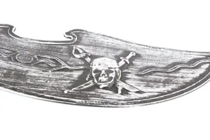Halloween cosplay pirate sword plastic toy weapon detail view featuring classic skull design.