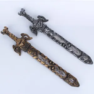 Detailed close-up view of fantasy toy sword and scabbard with retro dragon carved handle.