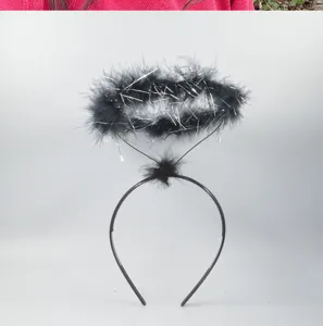 Black feather halo headband with silver tinsel details, perfect for party and photo props.