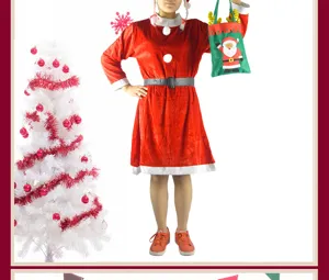 Rotes Weihnachtskostüm Kleid für Damen aus Samt mit weißem Plüschbesatz, Gürtel und Tasche.