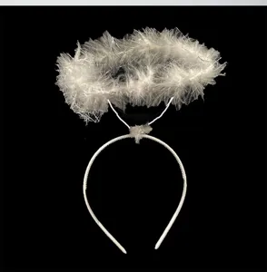 White feather angel halo headband detail shot, fairy style plush hair accessory for photo shoots.