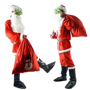 Erwachsener Weihnachtsmann Kostüm Weihnachtsfeier roter Samt Anzug mit Bart und Tasche.