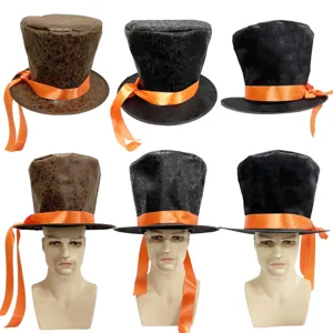 Haut-de-Forme Vintage Steampunk en Suède Usée Velours Chapeau de Gentleman Lincoln Avec Ruban Orange pour Halloween Fête Costume Magicien
